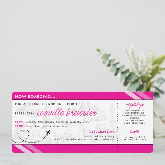 Pink Boarding Pass-Vrijgezellenfeest Kaart (Staand voorkant)