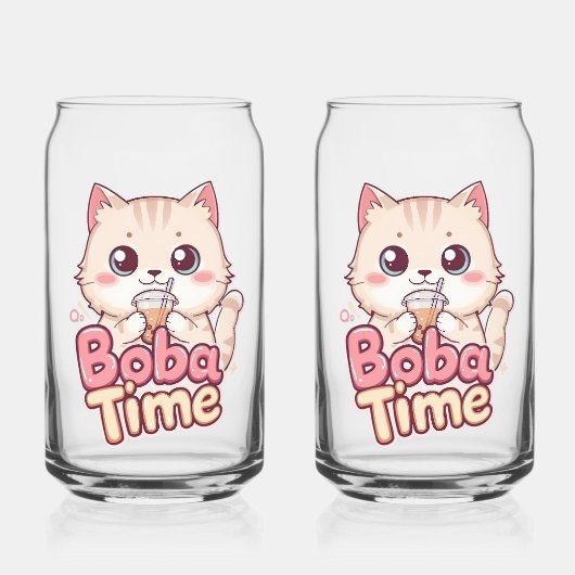Pink Boba Tea and Cat Illustration Blikvorm Glas (Voorkant)