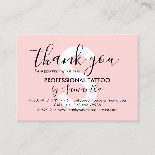 Pink Body Nazorg Instructies Tattoo Bedankt Visitekaartje (Voorkant)