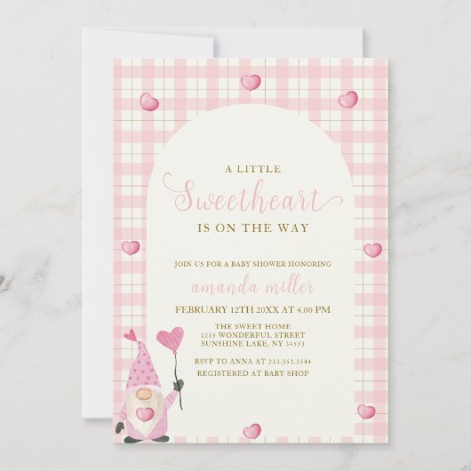 Pink Boho Arch Gingham Heart Gnome Baby shower Kaart (Voorkant)