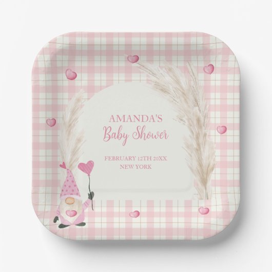 Pink Boho Arch Gingham Sweetheart Baby shower Papieren Bordje (Voorkant)