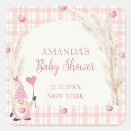 Pink Boho Arch Gingham Sweetheart Baby shower Vierkante Sticker