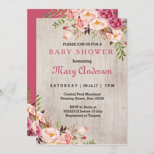 Pink Boho Baby shower Uitnodiging (Voorkant / Achterkant)