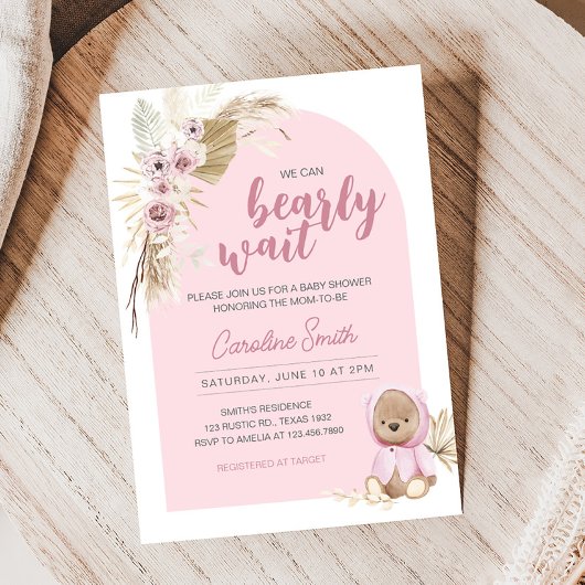 Pink Boho Barly Wait Baby shower Kaart