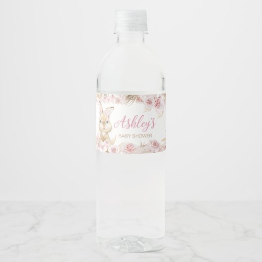 Pink Boho Bunny Baby shower Waterfles Etiket (Voorkant)