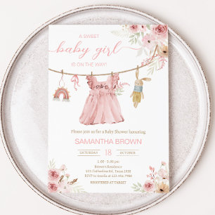 Pink Boho Clothesline Baby shower Kaart