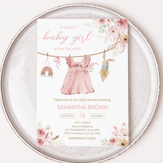 Pink Boho Clothesline Baby shower Kaart