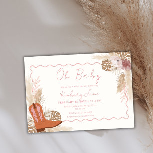 Pink Boho Cowgirl Boots Pampas Grass Baby shower Kaart