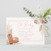 Pink Boho Cowgirl Boots Pampas Grass Baby shower Kaart (Staand voorkant)