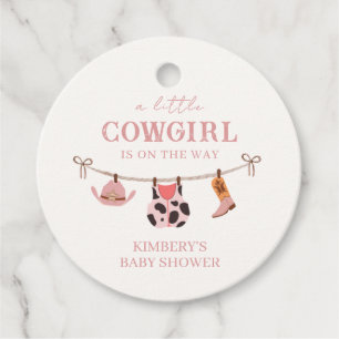 Pink Boho Cowgirl Clothesline Koeienhuid Baby show Bedankjes Labels
