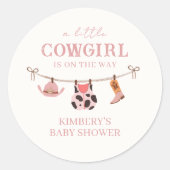 Pink Boho Cowgirl Clothesline Koeienhuid Baby show Ronde Sticker (Voorkant)