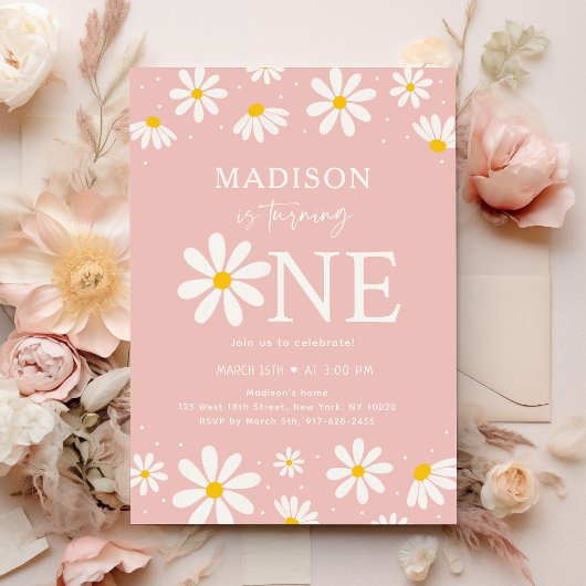 Pink Boho Daisy eerste verjaardag Kaart