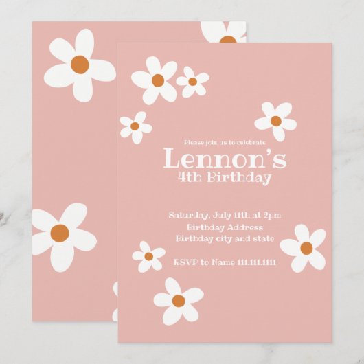 Pink Boho Daisy Girl Birthday Party Kaart (Voorkant / Achterkant)