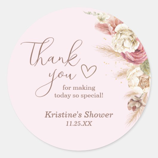 Pink Boho Floral Baby shower Bedankt Bericht Ronde Sticker (Voorkant)