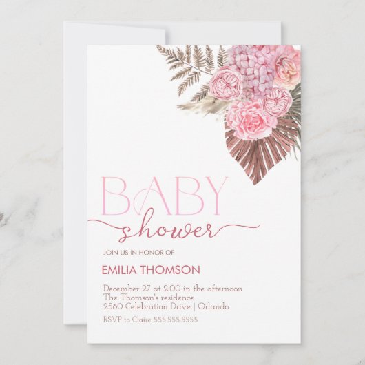 Pink Boho Floral Baby shower Kaart (Voorkant)