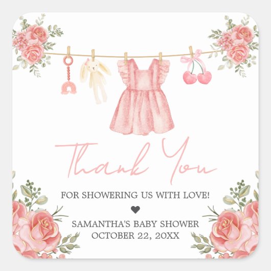 Pink Boho Floral Baby shower Vierkante Sticker (Voorkant)