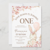 Pink Boho Floral Bunny 1st Birthday Uitnodiging (Voorkant)