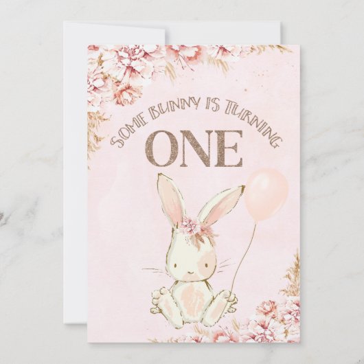 Pink Boho Floral Bunny 1st Birthday Uitnodiging (Achterkant)