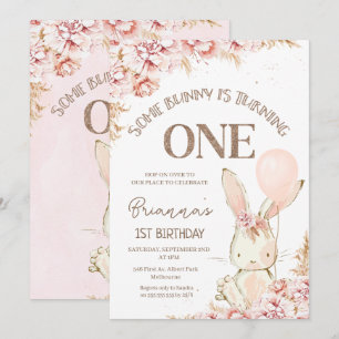 Pink Boho Floral Bunny 1st Birthday Uitnodiging