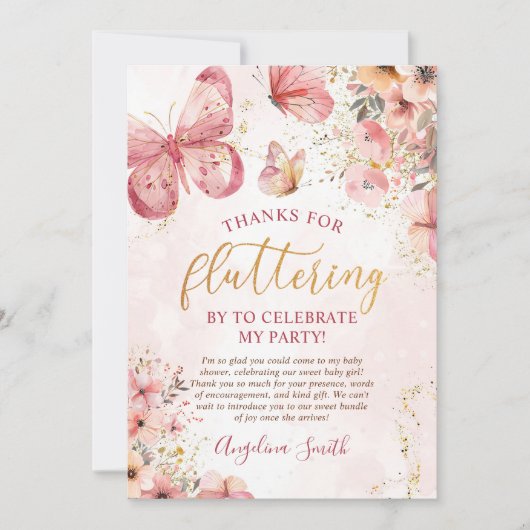 Pink Boho Floral Butterfly Baby shower Bedankkaart (Voorkant)