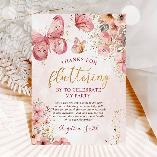 Pink Boho Floral Butterfly Baby shower Bedankkaart
