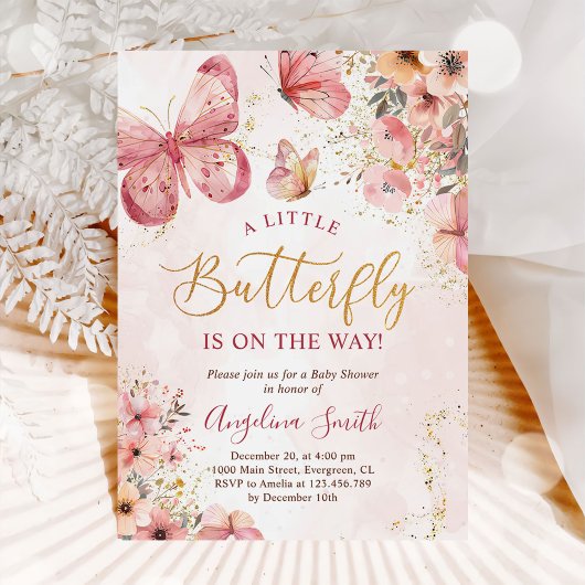 Pink Boho Floral Butterfly Baby shower Kaart