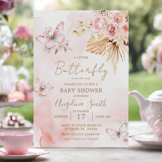 Pink Boho Floral Butterfly Baby shower Kaart