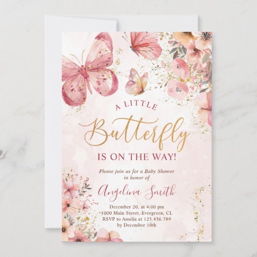 Pink Boho Floral Butterfly Baby shower Kaart (Voorkant)