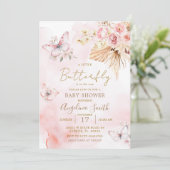 Pink Boho Floral Butterfly Baby shower Kaart (Staand voorkant)