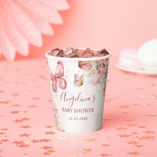 Pink Boho Floral Butterfly Baby shower Papieren Bekers (Insitu)
