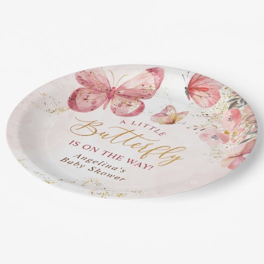 Pink Boho Floral Butterfly Baby shower Papieren Bordje (Gekanteld)