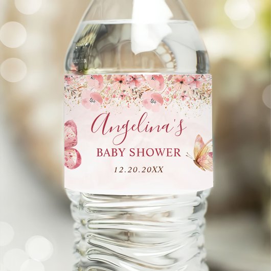Pink Boho Floral Butterfly Baby shower Waterfles Etiket