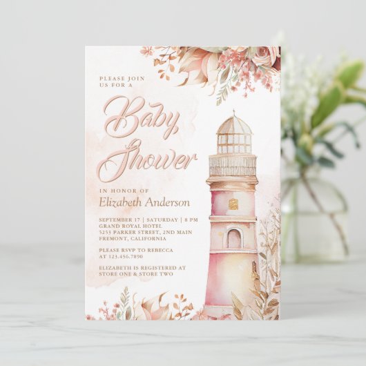 Pink Boho Floral Lighthouse Baby shower Kaart (Staand voorkant)