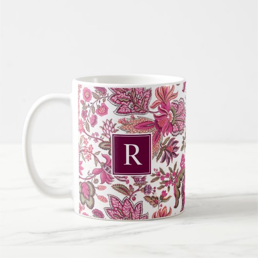 Pink Boho  Floral Monogram Koffiemok (Links)