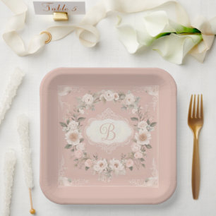 Pink Boho Floral Monogram Papieren Bordje