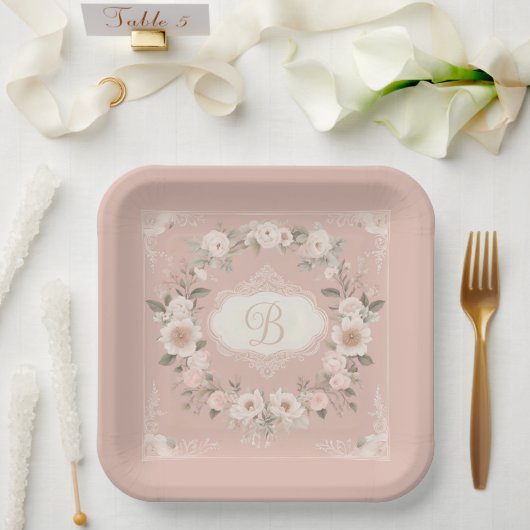 Pink Boho Floral Monogram Papieren Bordje (Huwelijk)
