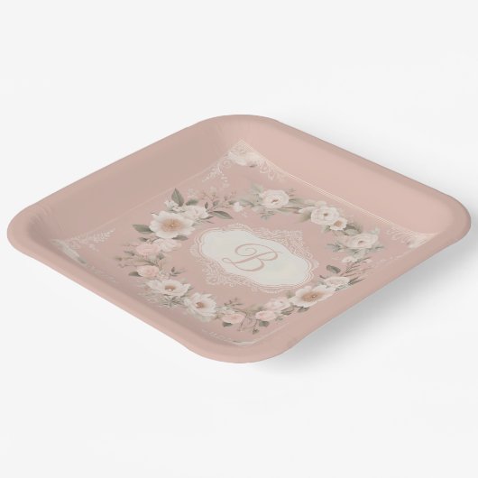 Pink Boho Floral Monogram Papieren Bordje (Gebogen)