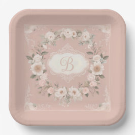 Pink Boho Floral Monogram Papieren Bordje