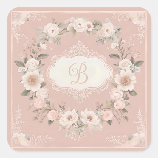Pink Boho Floral Monogram Vierkante Sticker (Voorkant)