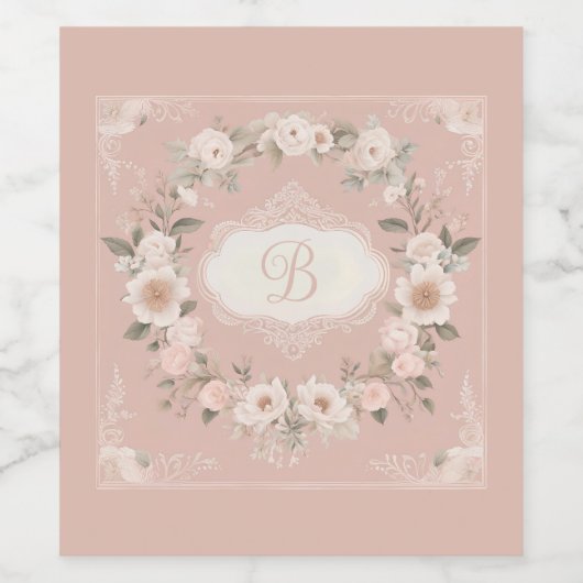 Pink Boho Floral Monogram Wijn Etiket (Enkel label)