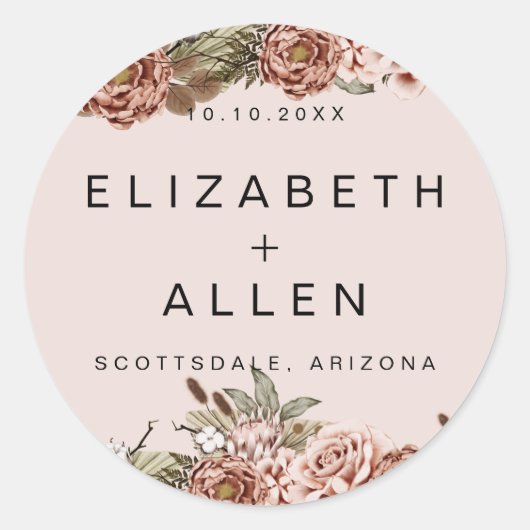 Pink Boho Floral Persoonlijke bride en Groom Ronde Sticker (Voorkant)