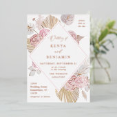 Pink Boho Floral Wedding Folie Folie Uitnodiging (Staand Voorkant)