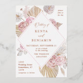 Pink Boho Floral Wedding Folie Uitnodiging (Voorkant)