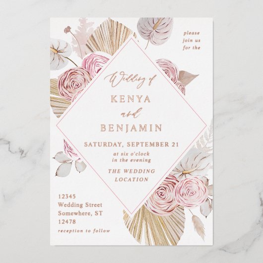 Pink Boho Floral Wedding Folie Uitnodiging (Voorkant)