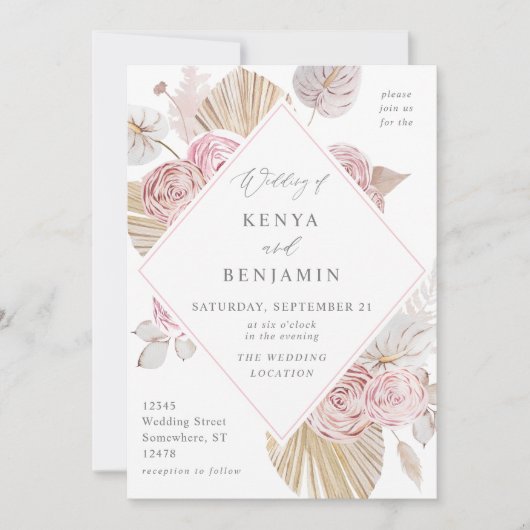 Pink Boho Floral Wedding Kaart (Voorkant)