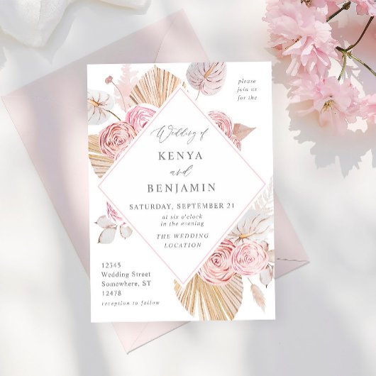 Pink Boho Floral Wedding Kaart
