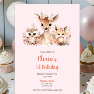 Pink Boho Floral Woodland Animal 1st Birthday Kaart