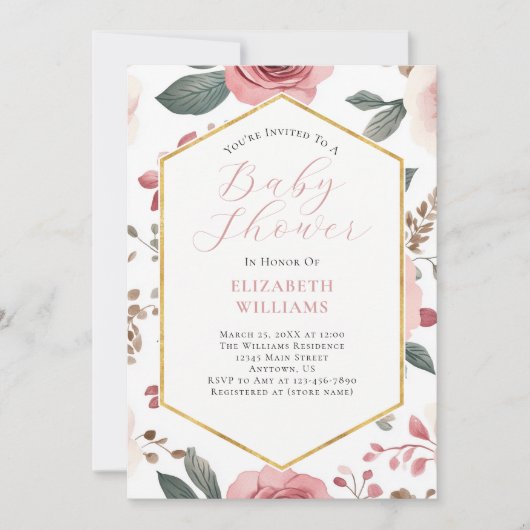 Pink Boho Flowers Peonies Baby shower Uitnodiging (Voorkant)