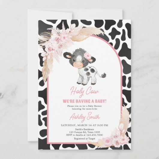 Pink Boho Highland Koe Baby shower Kaart (Voorkant)