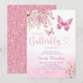 Pink Boho modern Floral Butterfly Girl Baby shower Kaart (Voorkant / Achterkant)
